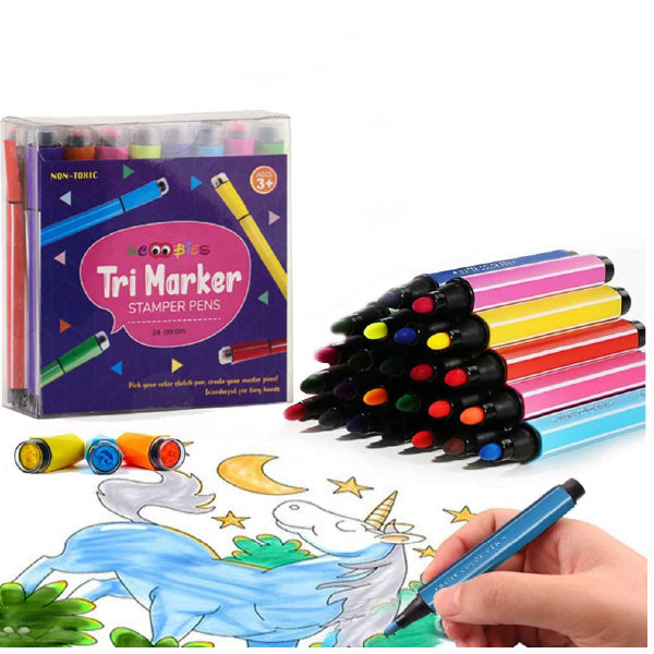 Tri Marker Stamper Pens | 24 Pens Set | Water Soluble |  Skin-Friendly  |  Cutesy Stamps |  Ergonomic Grip