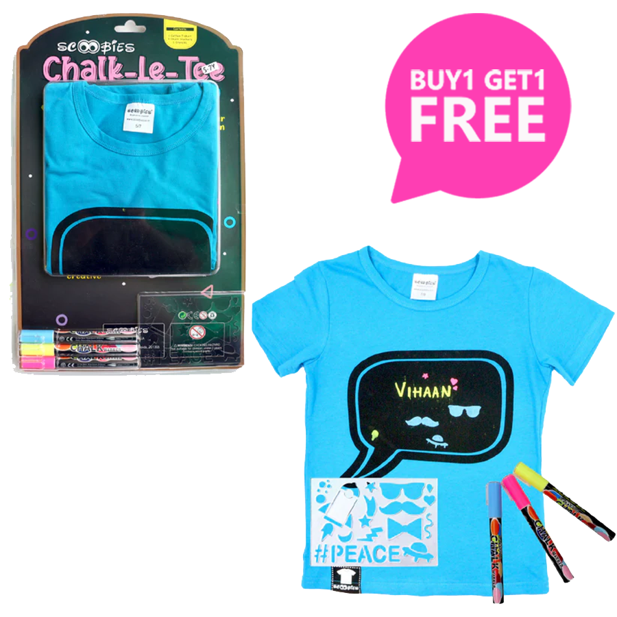 Buy 1 get 1 free Chalk-Le-Tee Tshirt | Blue Speech Bubble Design | With Chalk Markers & Stencil | Reusable | Washable