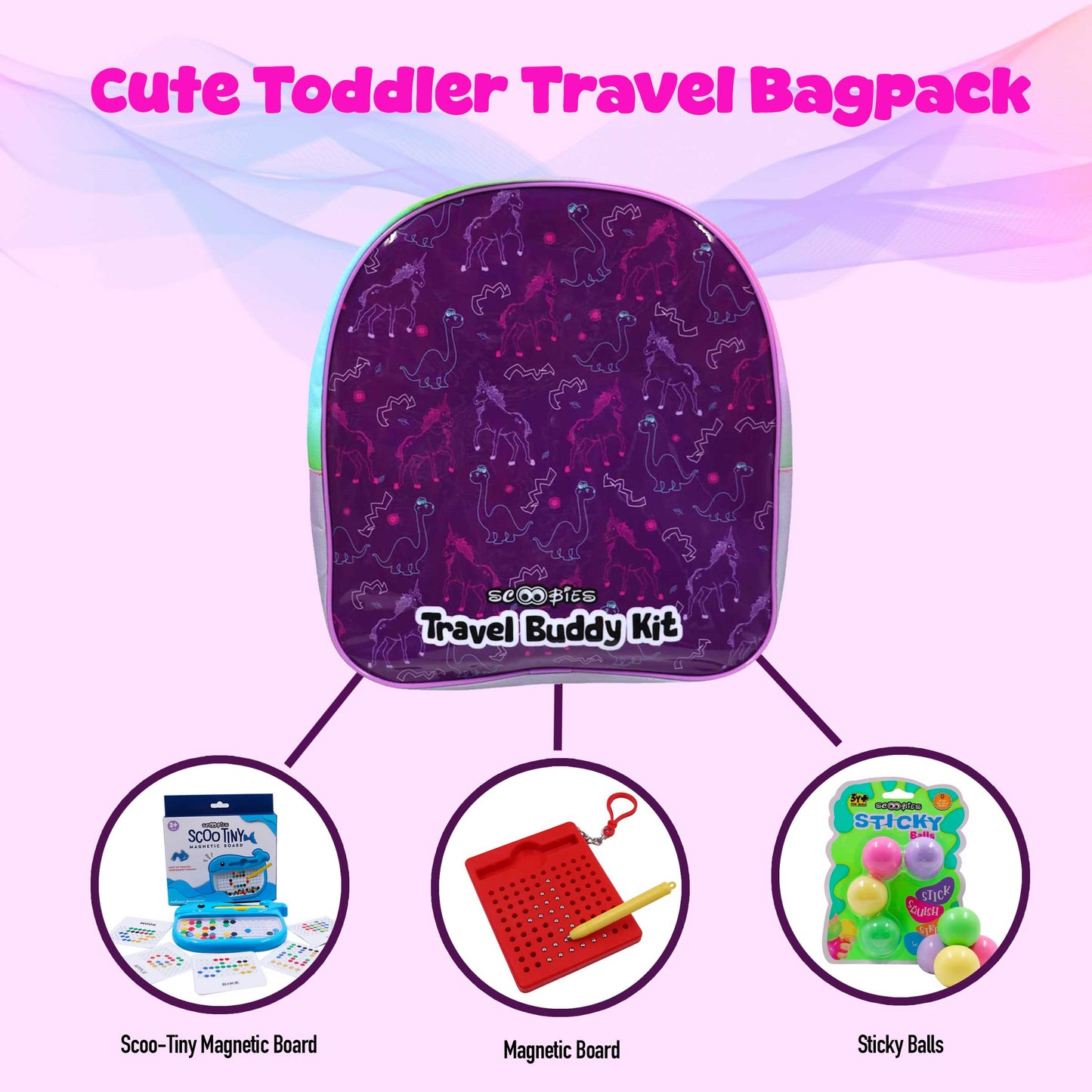 Scoobies Travel Buddy Kit |Kids Travel Activity Bag with Sticky Balls, Scoo Tiny Magnetic Board & Scoo-MagBall Tab | Fun On-The-Go Play | 3+ Years