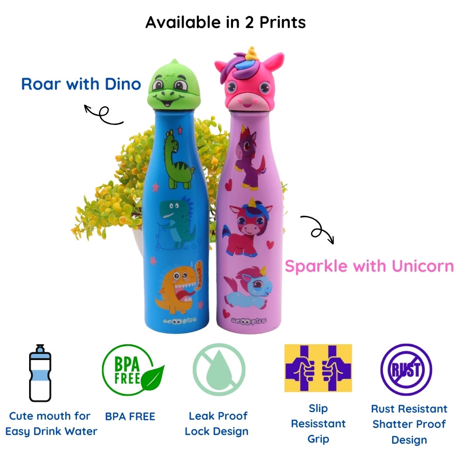 Scoobies Unicorn Head Stainless Steel Bottle With Cute Unicorn Cap | Easy to Carry