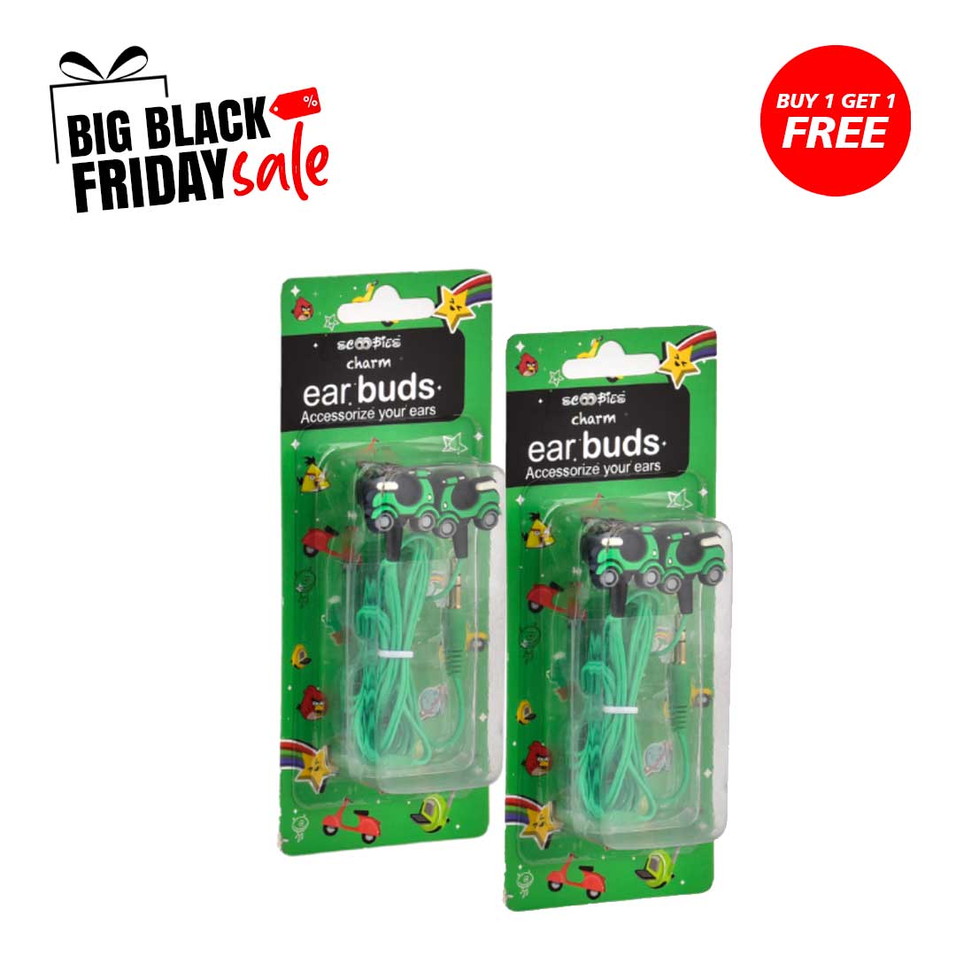 Buy 1 get 1 Free, Scooter Charm Earbuds  | Ear Wired Earphones | Frisky Green Scooter Design | 3.5 mm Jack  | Tangle Free Cable