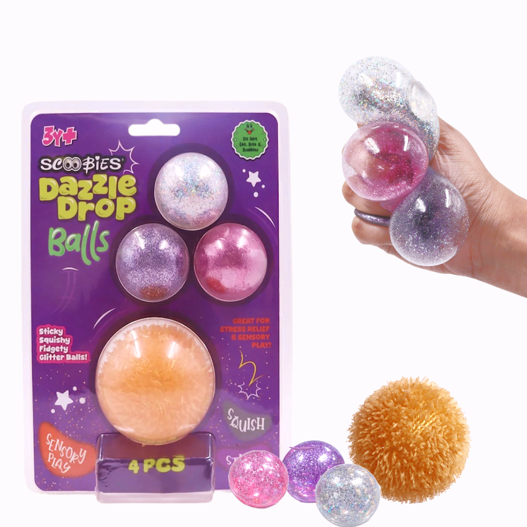 Scoobies Dazzle Drop Balls: 3 Glitter Squishy + 1 Fuzzy Spiky Sensory Ball (Set of 4)| (Holographic, Pink, Silver & Gold) Stress Relief & Sensory Play | Sticky, Squishy & Sparkly Fun for Kids & Adults