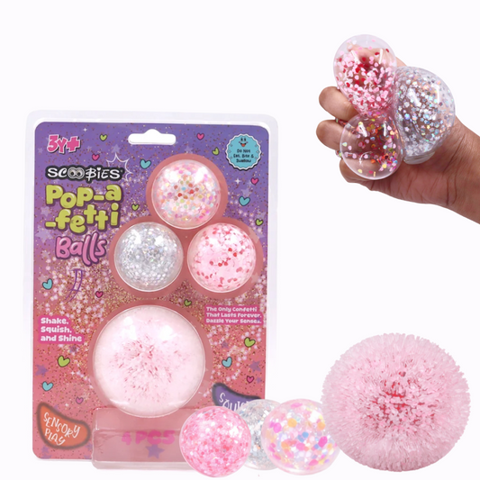 Scoobies Pop-a-fetti Balls: 3 Confetti Squishy + 1 Fuzzy Spiky Sensory Ball (Set of 4)| (Pink, Silver, Red & Multicolor) Stress Relief & Sensory Play | Shake, Squish & Shine | Sticky, Squishy & Sparkly Fun for Kids & Adults