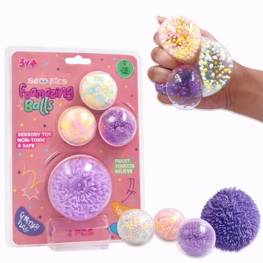 Scoobies Foamazing Balls – 3 Squishy + 1 Fuzzy Spiky Sensory Ball (Set of 4) | Soft, Squishy, Non-Toxic Fidget & Stress Relief Toy for Kids 3+
