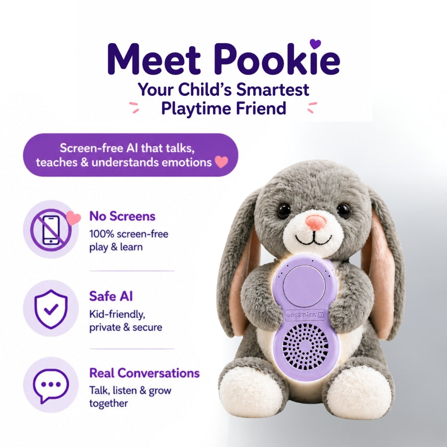 Scoobies Pookie AI Learning Companion, Screen-Free Smart Toy with Interactive Stories|Conversations & Fun Facts, Emotion-Aware AI with Parental Controls, Safe & Portable for Kids