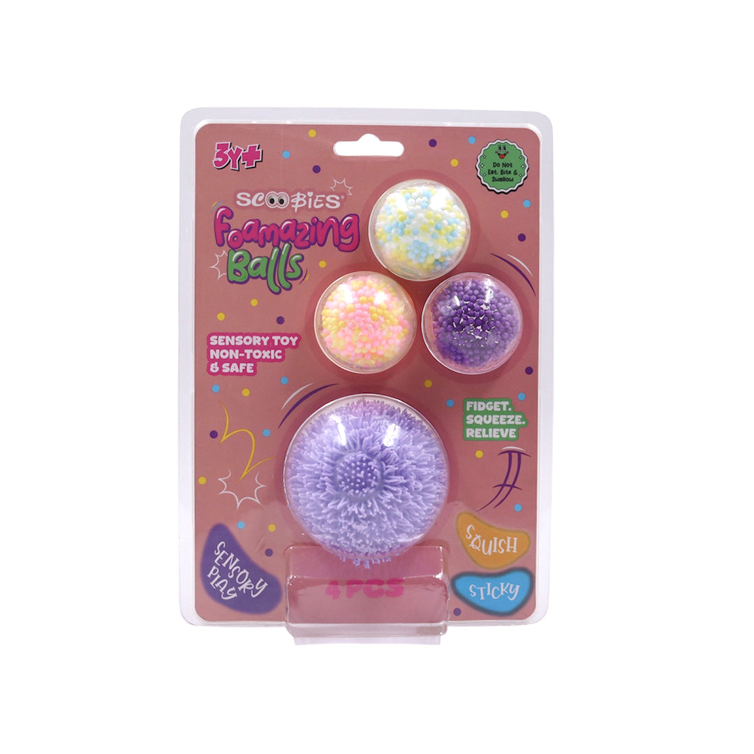 Scoobies Foamazing Balls: Sensory Squishy Balls – Set of 4 (Yellow, Blue, Pink & Purple) Stress Relief & Sensory Play | Fidget, Squeeze & Relieve | Non-Toxic & Safe