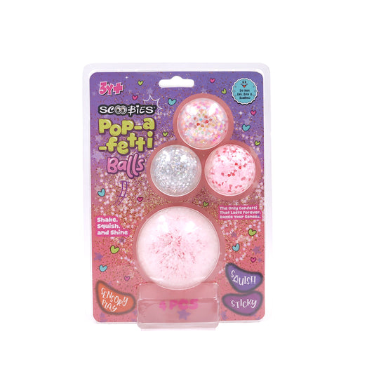 Scoobies Pop-a-fetti Balls:Confetti Squishy Balls – Set of 4 (Pink, Silver, Red & Multicolor) Stress Relief & Sensory Play | Shake, Squish & Shine | Sticky, Squishy & Sparkly Fun for Kids & Adults