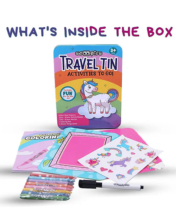 Scoobies Unicorn Travel Tin – Magical On-the-Go Activity Kit for Kids 3+ | Screen-Free Creativity in a Tin