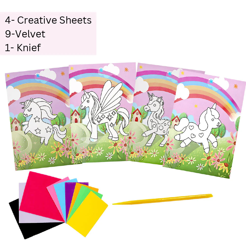 Velvet Art Book (Unicorn World) | 4 Design Cards with 15 Piece Set