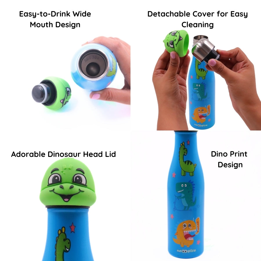 Scoobies Dino Head Stainless Steel Bottle | With Cute Dinosaur Cap | Easy to Carry