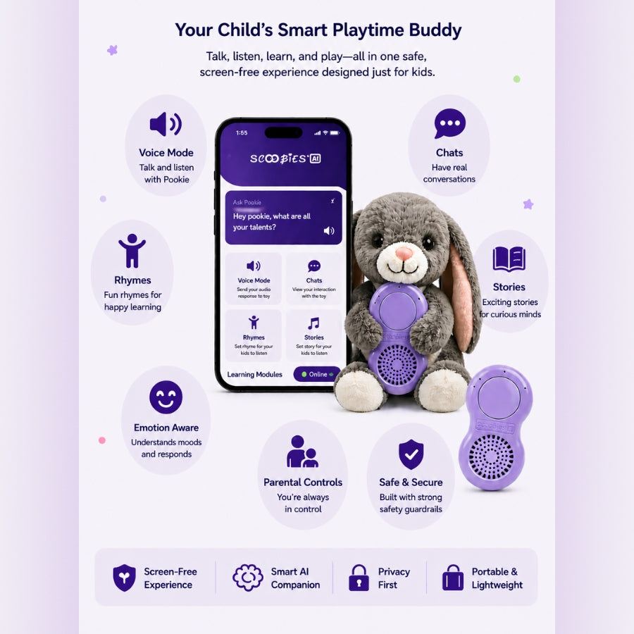 Scoobies Pookie AI Learning Companion, Screen-Free Smart Toy with Interactive Stories|Conversations & Fun Facts, Emotion-Aware AI with Parental Controls, Safe & Portable for Kids