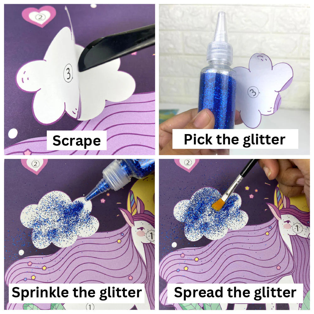 Sparkle Pop Glitter Art Set– 6 Glitters + 4 Design Cards, Peel, Stick & Decorate