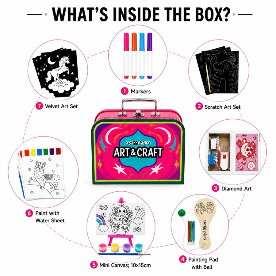 Scoobies Art & Craft Kit, 7-in-1 Craft Set| with Canvas, Diamond Art & Scratch Sheets | All-in-One Creative Fun, Safe & Mess-Free for Kids 3+
