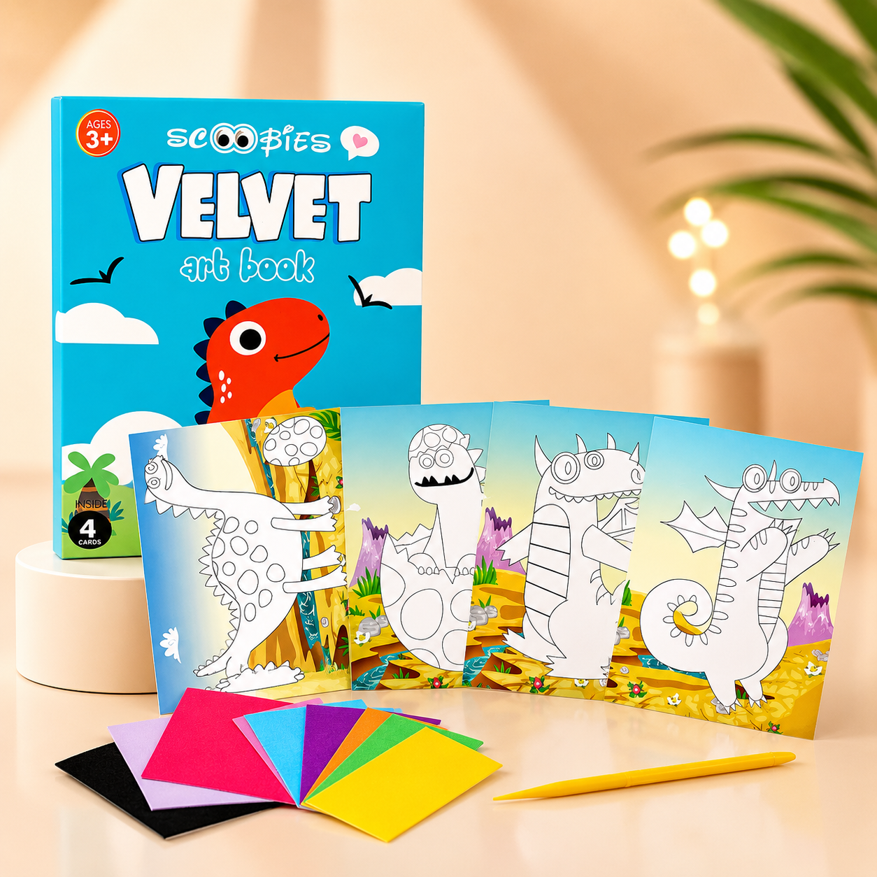 Velvet Art Book (Dinosaur World) | 4 Design Cards with 15 Piece Set