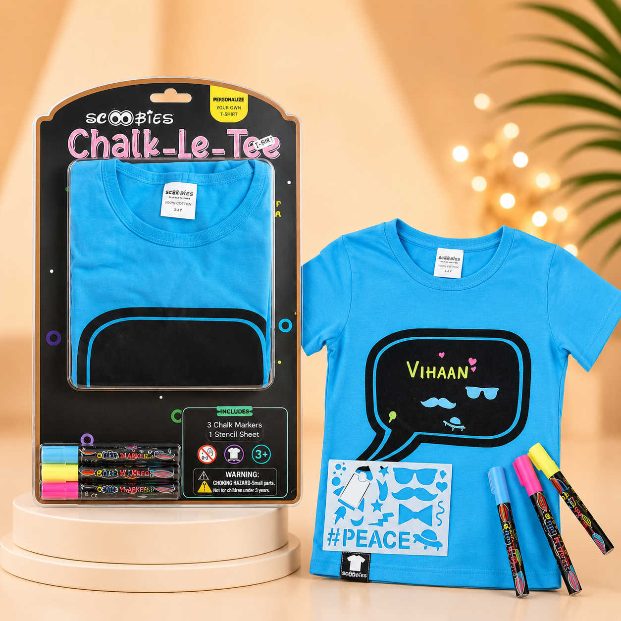 Chalk-Le-Tee Tshirt | Blue Speech Bubble Design | With Chalk Markers & Stencil | Reusable | Washable