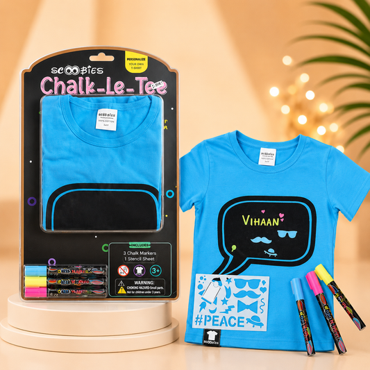 Chalk-Le-Tee Tshirt | Blue Speech Bubble Design | With Chalk Markers & Stencil | Reusable | Washable