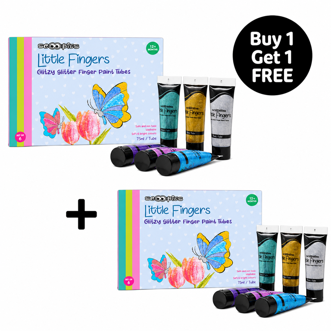 Buy 1 Get 1 Free, Glitter Finger Paints for Kids Set of 6  | Non-Toxic & Washable  Sensory Finger Paint