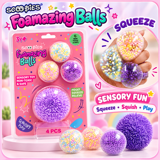 Scoobies Foamazing Balls – 3 Squishy + 1 Fuzzy Spiky Sensory Ball (Set of 4) | Soft, Squishy, Non-Toxic Fidget & Stress Relief Toy for Kids 3+