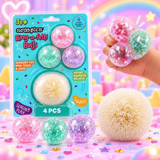 Scoobies Bing-a-fetti Balls: 3 Bingsu Bead Squishy Balls + 1 Large Puffer Sensory Ball (Set of 4) (Pink, Purple, Green & White) | Stress Relief & Sensory Play | Squeeze, Squish & Pop | Sparkly Fidget Fun for Kids & Adults