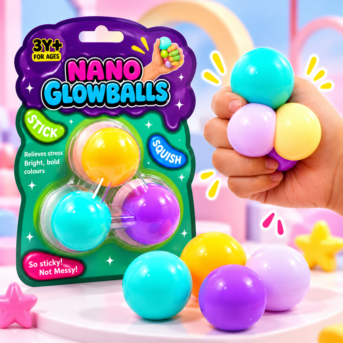 Nano Glow Balls – Mini Multi Color Glow-in-the-Dark Sensory Balls for Kids 3+ | Soft, Stretchy, and Squishy Fun in 2 Variants