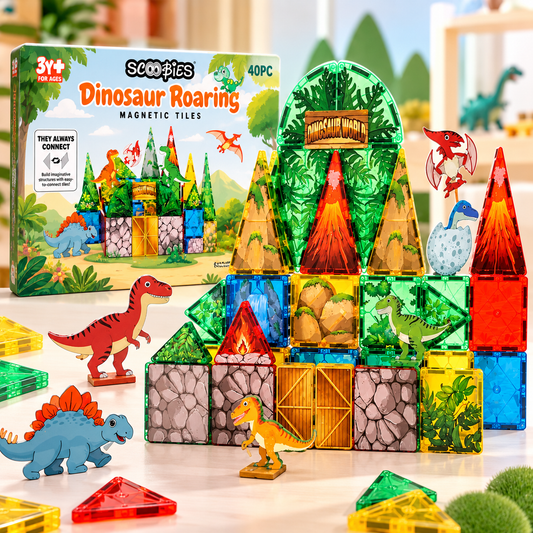 Scoobies Dinosaur Roaring Magnetic Tiles, 40 PCS Building Set for Kids | Dino-Themed Magnetic Construction Toy with Dinosaur Figures, Volcano & Jungle Pieces | STEM Creative Play | Ages 3+