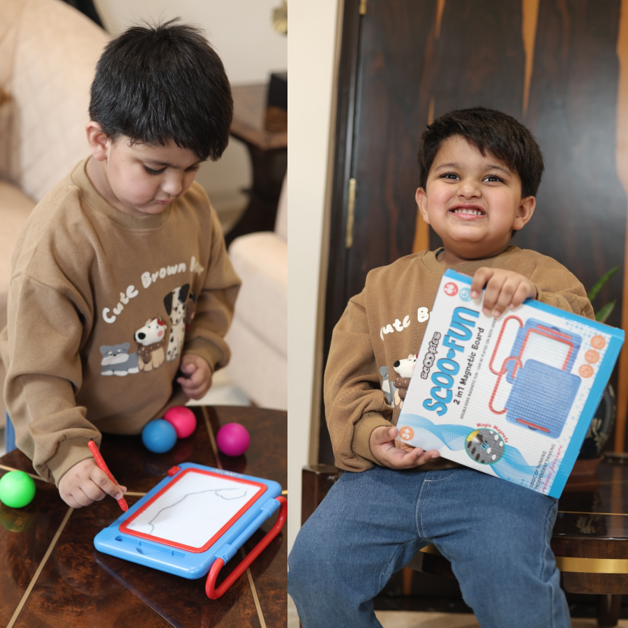 Scoo Fun (Blue)  2-in-1 Board Magical Slate and Magnetic Board  Writing & Magnetic Play | Learning Toy with Art Fun Doodles & Magnetic Play with Alphabets Numbers & Shapes , Educational Toy for Kids (3+ Years)