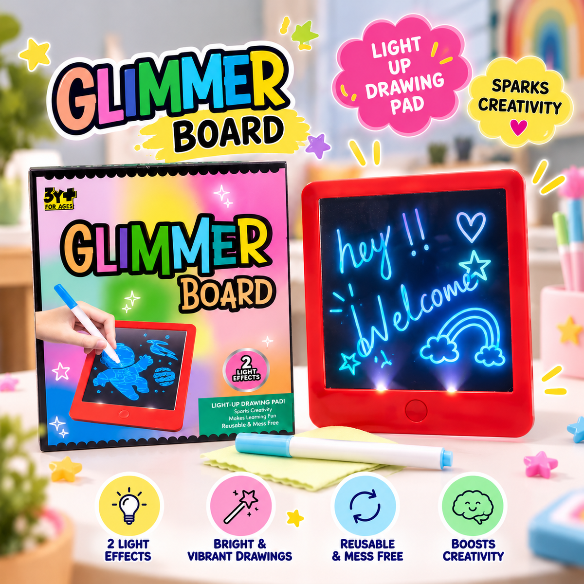 Glimmer Board - Drawing Pad with 2 Light Effects| Reusable Neon Pen & Easy Clean Wipe | Age 3+ Scree Free Play | Reusable, Mess-Free, Portable & Creative Learning Toy Gift