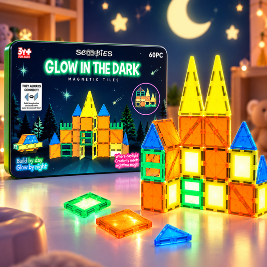 Scoobies Glow in the Dark Magnetic Tiles, 60 PCS Building Set for Kids | Magnetic Construction Toy with Glowing Tiles, Creative STEM Play, Shapes & Structures | Ages 3+