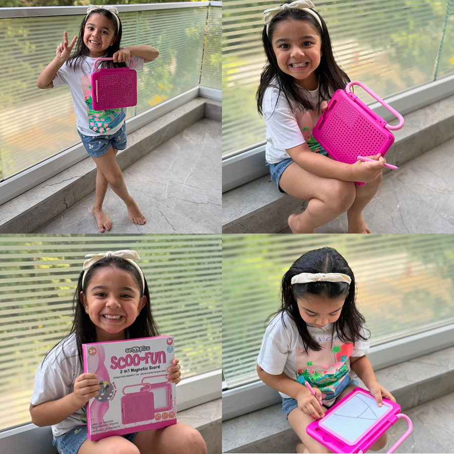 Scoo Fun (Pink) 2-in-1 Board Magical Slate and Magnetic Board Writing & Magnetic Play| Learning Toy with Art Fun Doodles & Magnetic Play with Alphabets Numbers & Shapes , Educational Toy for Kids (3+ Years)