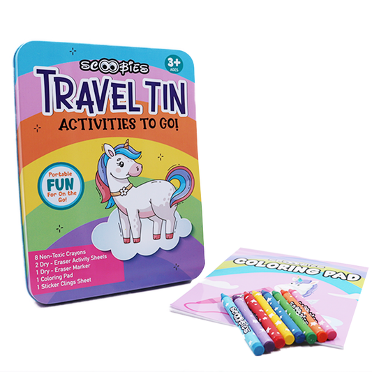 Scoobies Unicorn Travel Tin – Magical On-the-Go Activity Kit for Kids 3+ | Screen-Free Creativity in a Tin