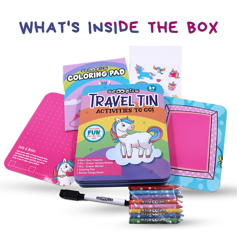 Scoobies Unicorn Travel Tin – Magical On-the-Go Activity Kit for Kids 3+ | Screen-Free Creativity in a Tin