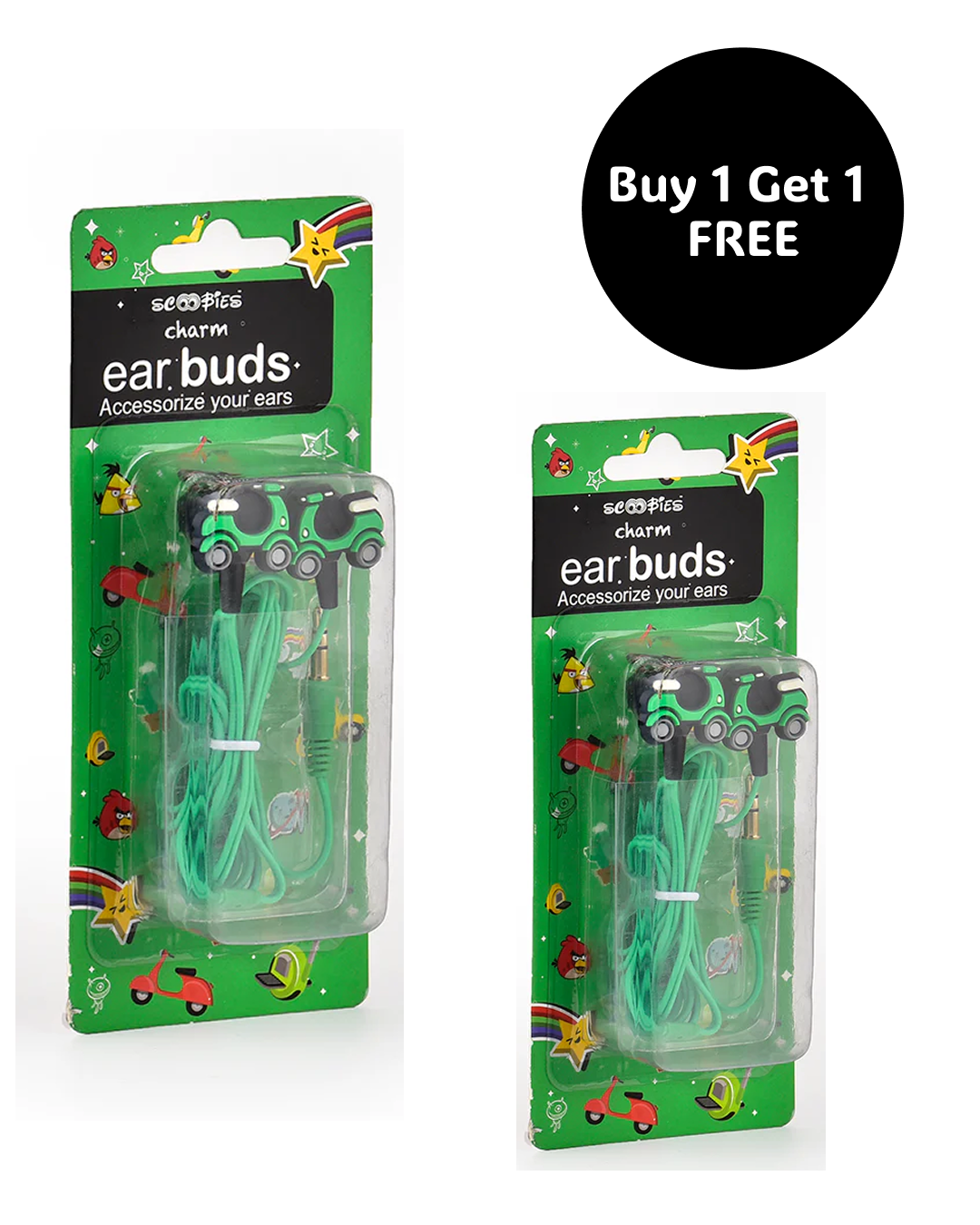 Buy 1 Get 1 Free, Scooter Charm Earbuds  | Ear Wired Earphones | Frisky Green Scooter Design | 3.5 mm Jack  | Tangle Free Cable