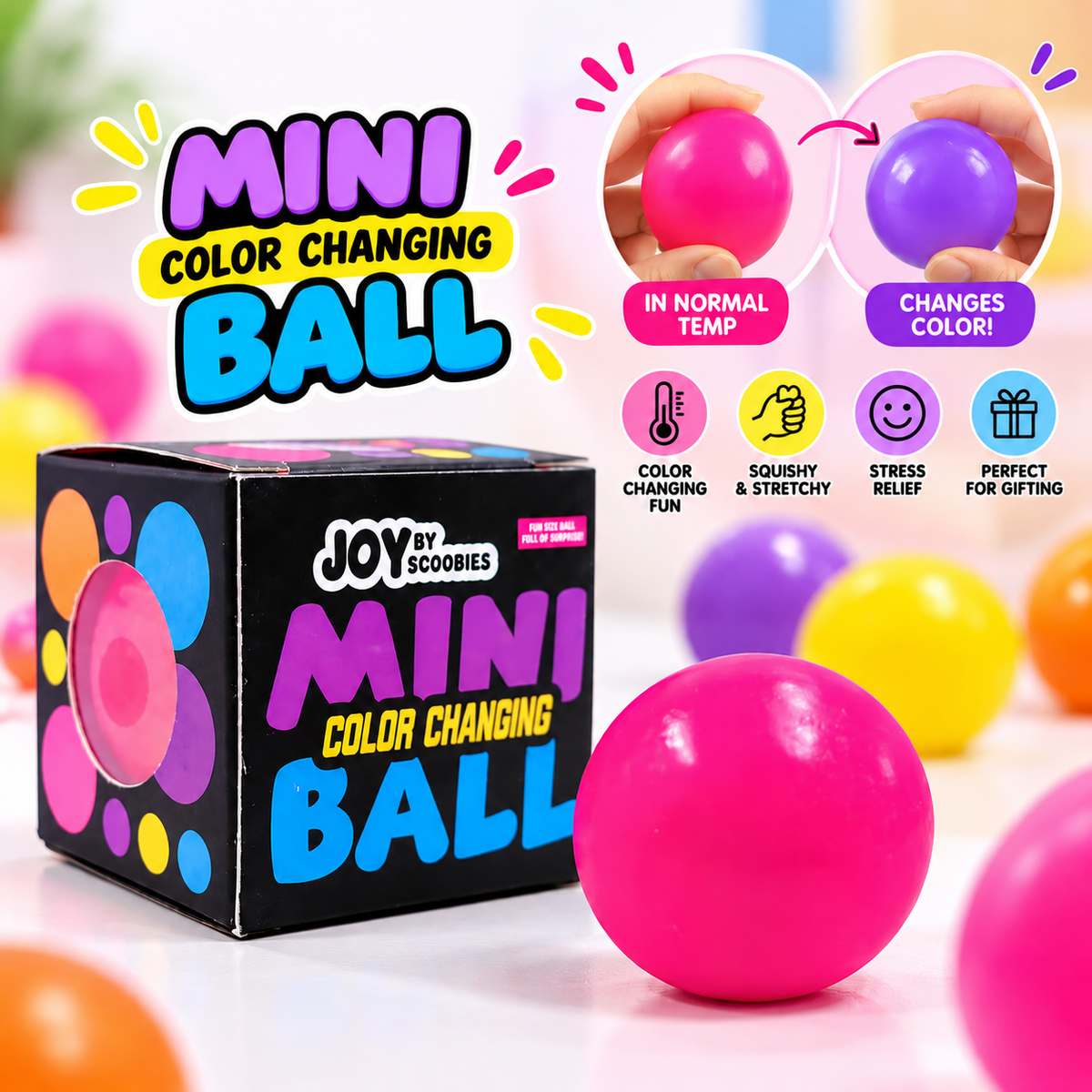 SCOOBIES Mini Color Changing Ball (Pack of 1) | Soft and Sticky Stress Relief Toy – Non-Toxic Rubber Sensory Ball for Kids & Adults | Color-Changing Fidget Fun | Vibrant Colors