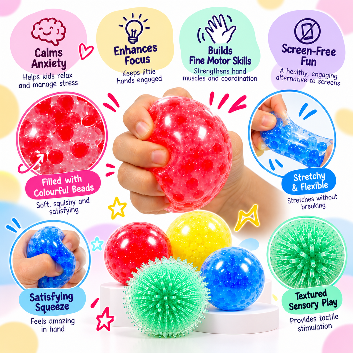Scoobies Bead-a-Boo Balls, 4 PCS Sensory Squishy & Fidget Toy Set for Kids | Colourful Bead-Filled Stress Relief Balls with Soft Squeeze Texture, Stretchy Sensory Play & Spiky Fidget Ball | Ages 3+
