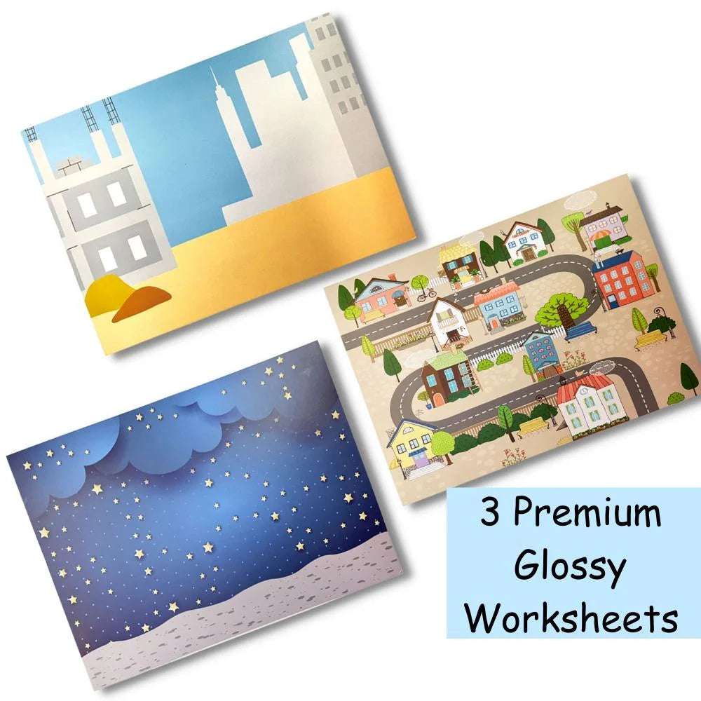 Scoo-Rub Stickers (Blue) | Transfer Sticker Set with 1 Stylus | My Starry World | My City & Roads | My Buildings & Monuments | 100+ Stickers | DIY Sticker Activities | Artistic Mini Box