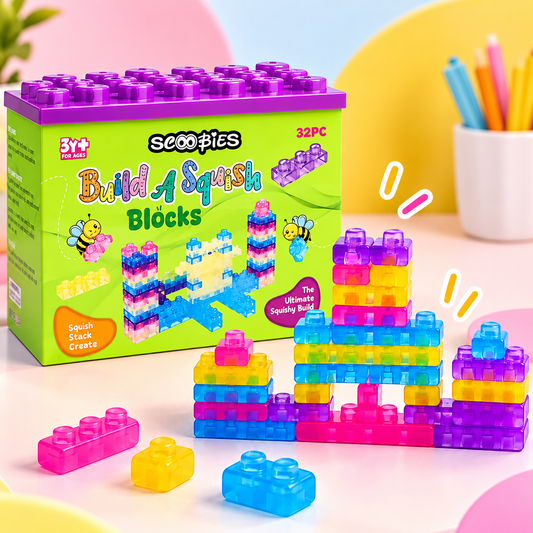Scoobies Build-A-Squish Soft Blocks, 32 PCS Squishy Building Blocks for Kids | Flexible & Translucent Sensory Construction Toy, Stack, Connect & Create | Creative Learning & Fine Motor Skills Toy for Ages 3+