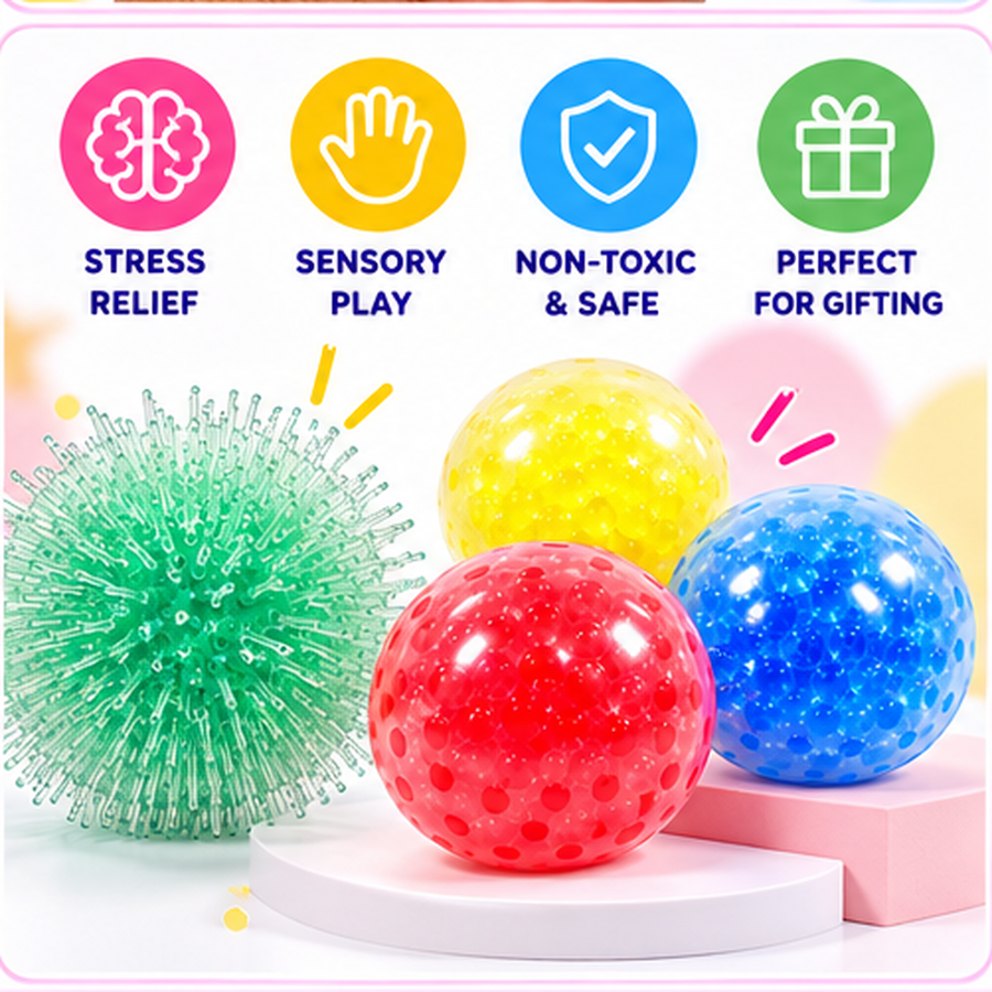 Scoobies Bead-a-Boo Balls, 4 PCS Sensory Squishy & Fidget Toy Set for Kids | Colourful Bead-Filled Stress Relief Balls with Soft Squeeze Texture, Stretchy Sensory Play & Spiky Fidget Ball | Ages 3+