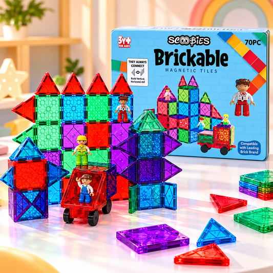 Scoobies Brickable Magnetic Tiles, 70 PCS Building Set for Kids | Magnetic Construction Tiles with Brick-Compatible Surfaces, Figures & Vehicle | STEM Creative Play Toy | Ages 3+
