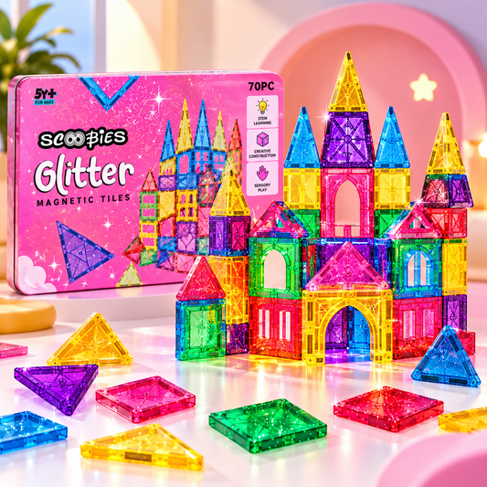 Scoobies Glitter Magnetic Tiles, 70 PCS Building Set for Kids | Colourful Magnetic Construction Toy with Sparkling Tiles, Creative STEM Play & 3D Building Fun | Ages 3+