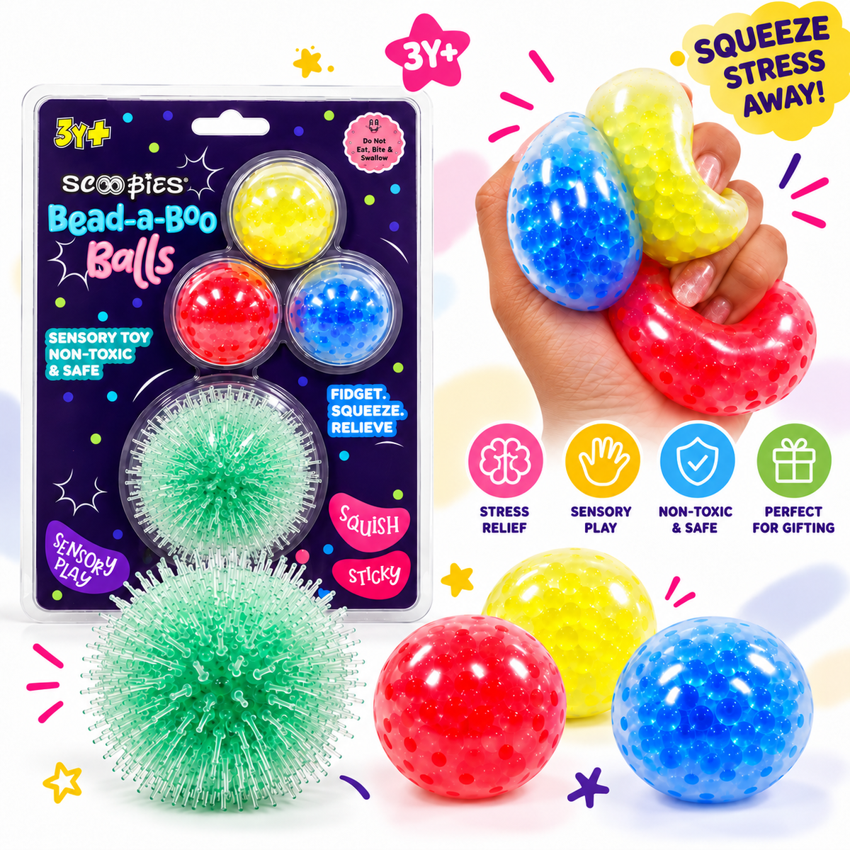 Scoobies Bead-a-Boo Balls, 4 PCS Sensory Squishy & Fidget Toy Set for Kids | Colourful Bead-Filled Stress Relief Balls with Soft Squeeze Texture, Stretchy Sensory Play & Spiky Fidget Ball | Ages 3+