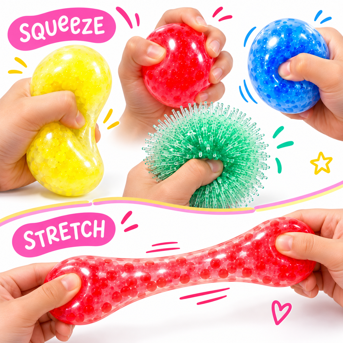 Scoobies Bead-a-Boo Balls, 4 PCS Sensory Squishy & Fidget Toy Set for Kids | Colourful Bead-Filled Stress Relief Balls with Soft Squeeze Texture, Stretchy Sensory Play & Spiky Fidget Ball | Ages 3+