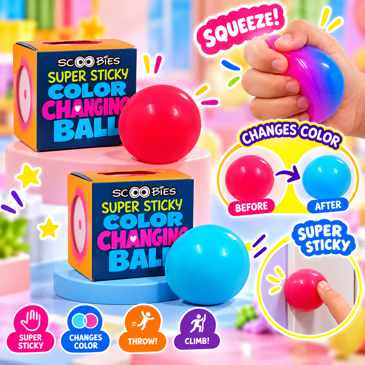 Scoobies Super Sticky Color Changing Ball Multicolor (Pack of 1 ), Squishy Sensory Play & Focus Booster