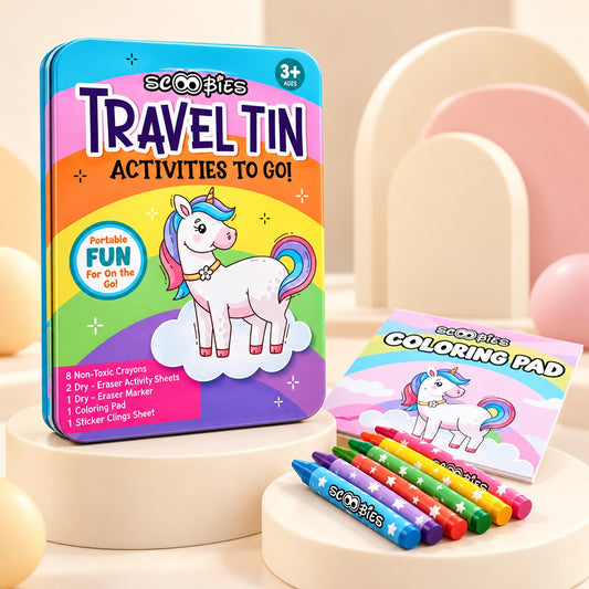 Scoobies Unicorn Travel Tin – Magical On-the-Go Activity Kit for Kids 3+ | Screen-Free Creativity in a Tin