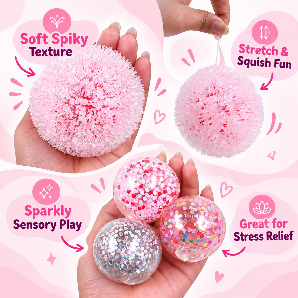 Scoobies Pop-a-fetti Balls: 3 Confetti Squishy + 1 Fuzzy Spiky Sensory Ball (Set of 4)| (Pink, Silver, Red & Multicolor) Stress Relief & Sensory Play | Shake, Squish & Shine | Sticky, Squishy & Sparkly Fun for Kids & Adults