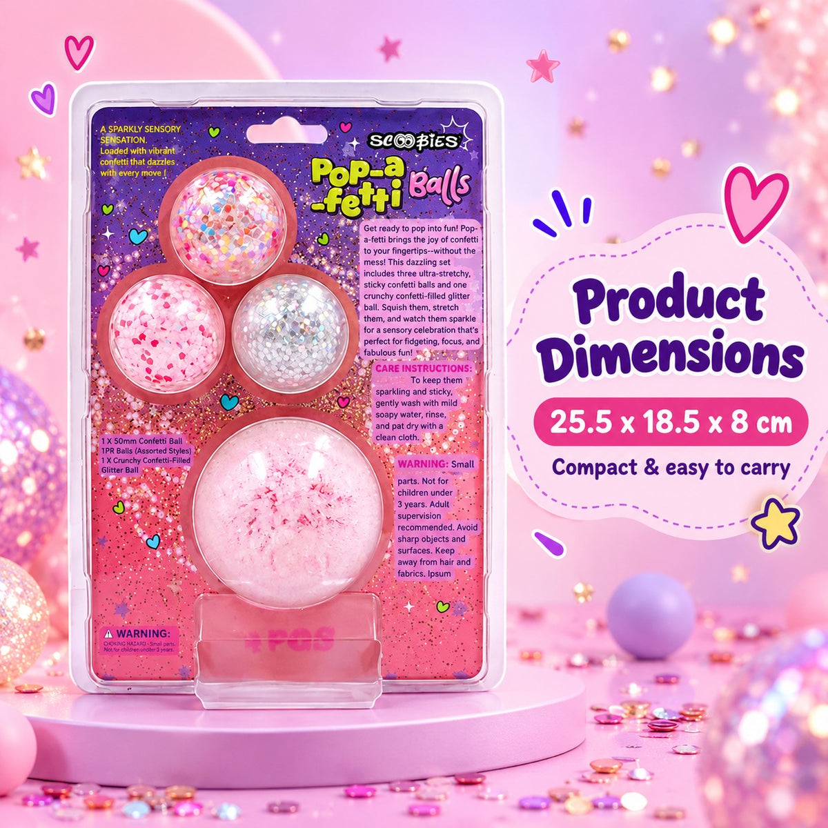 Scoobies Pop-a-fetti Balls: 3 Confetti Squishy + 1 Fuzzy Spiky Sensory Ball (Set of 4)| (Pink, Silver, Red & Multicolor) Stress Relief & Sensory Play | Shake, Squish & Shine | Sticky, Squishy & Sparkly Fun for Kids & Adults