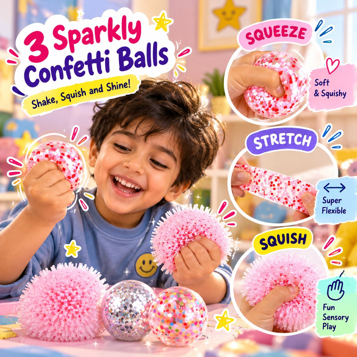 Scoobies Pop-a-fetti Balls: 3 Confetti Squishy + 1 Fuzzy Spiky Sensory Ball (Set of 4)| (Pink, Silver, Red & Multicolor) Stress Relief & Sensory Play | Shake, Squish & Shine | Sticky, Squishy & Sparkly Fun for Kids & Adults
