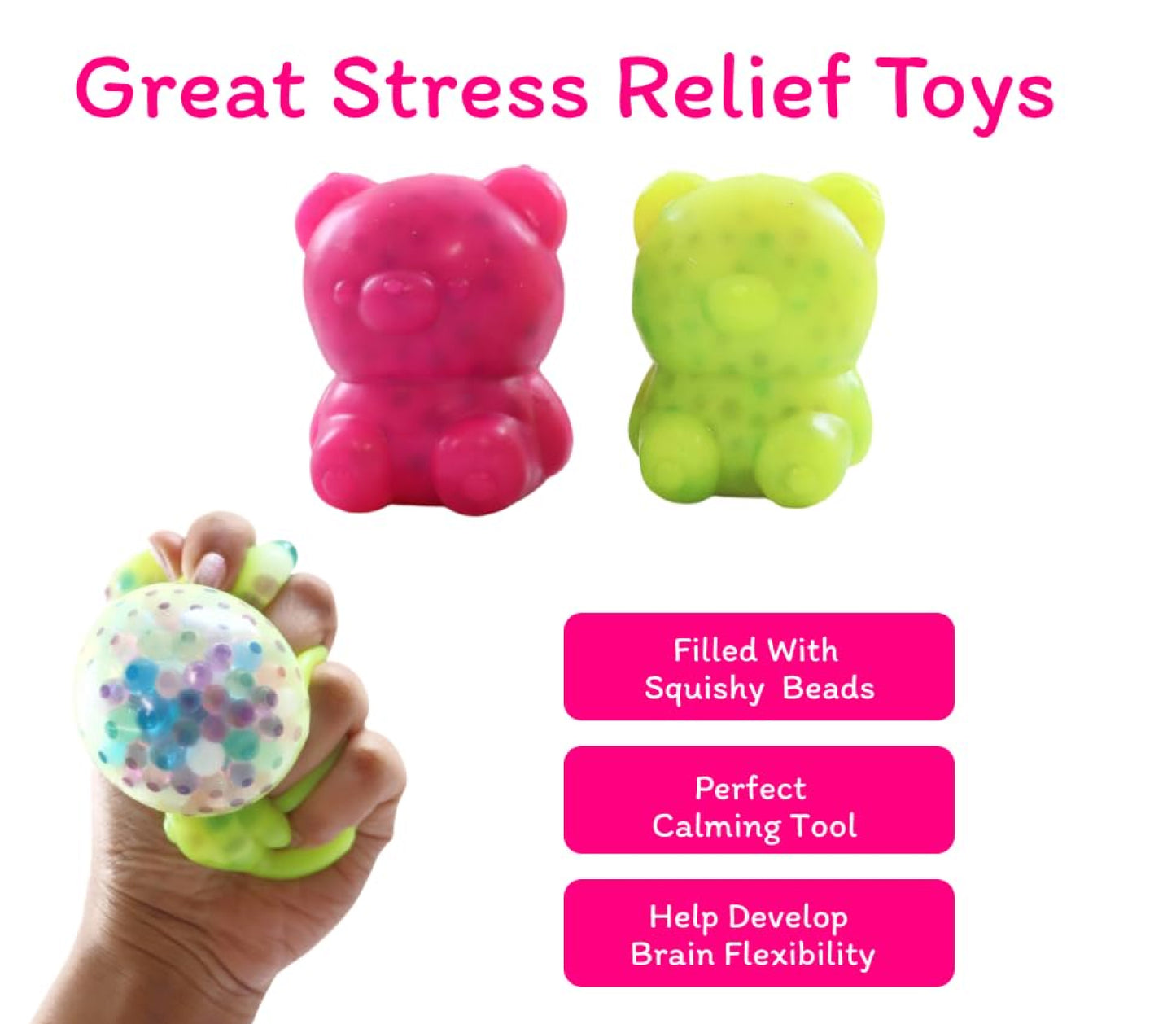 Beady Bear – Soft Squishy Stress Relief Toy for Kids | Sensory Fidget Toy with Beads | Safe Non-Toxic Material | Washable & Reusable | Portable Calm Toy for Boys & Girls (3+ Years)