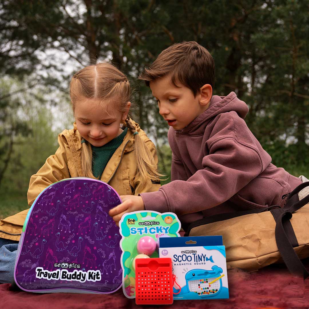 Scoobies Travel Buddy Kit |Kids Travel Activity Bag with Sticky Balls, Scoo Tiny Magnetic Board & Scoo-MagBall Tab | Fun On-The-Go Play | 3+ Years