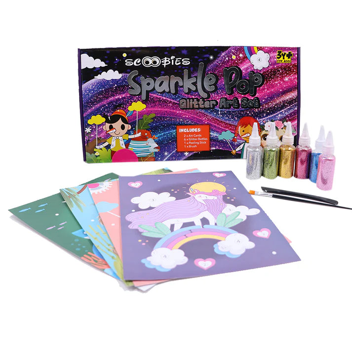Sparkle Pop Glitter Art Set– 6 Glitters + 4 Design Cards, Peel, Stick & Decorate