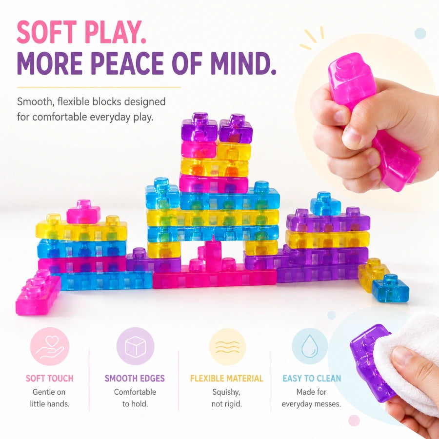 Scoobies Build-A-Squish Soft Blocks, 32 PCS Squishy Building Blocks for Kids | Flexible & Translucent Sensory Construction Toy, Stack, Connect & Create | Creative Learning & Fine Motor Skills Toy for Ages 3+